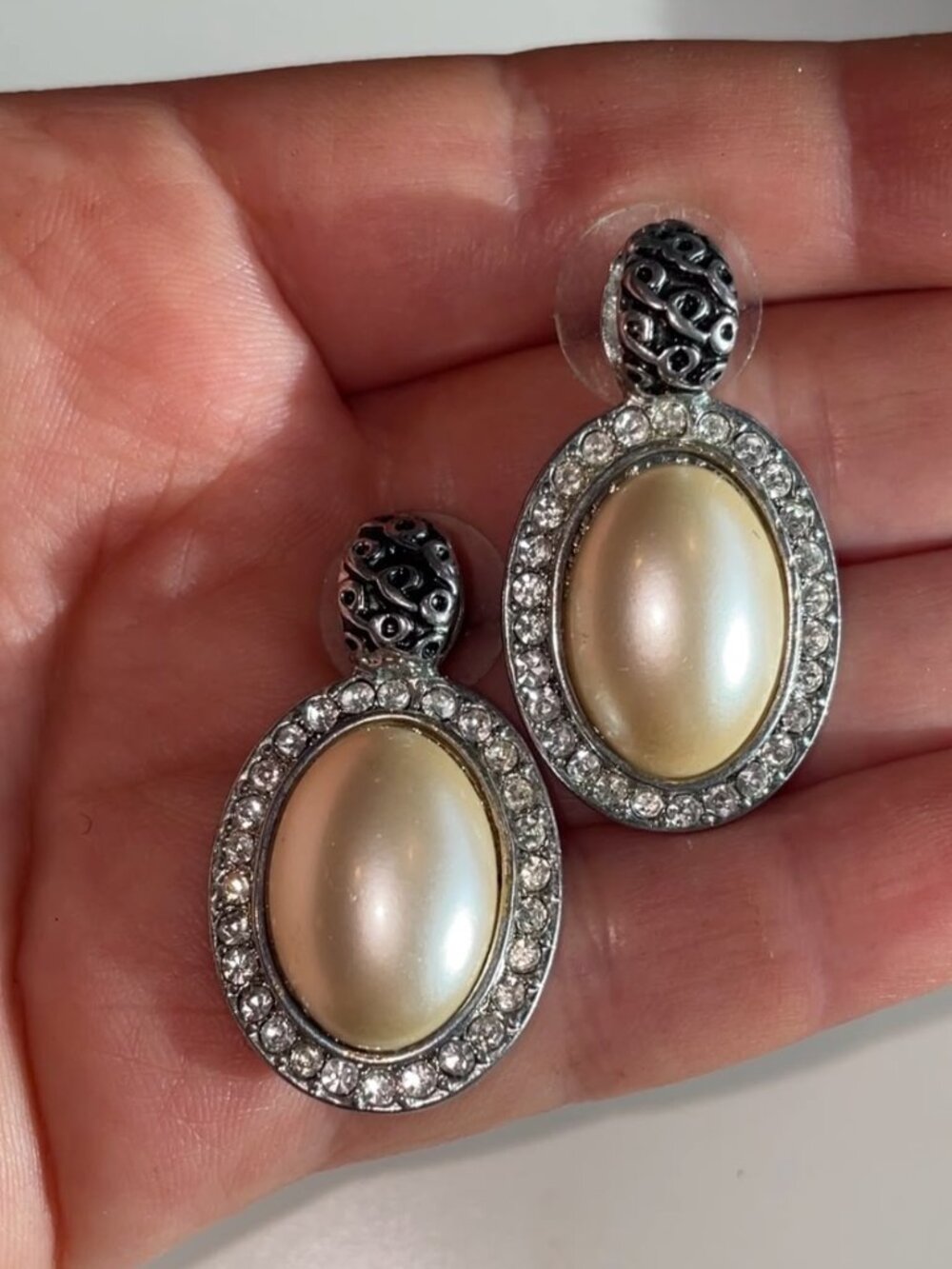 Vintage Inspired Faux Pearl Rhinestone Halo Drop Earrings Elegant Statement